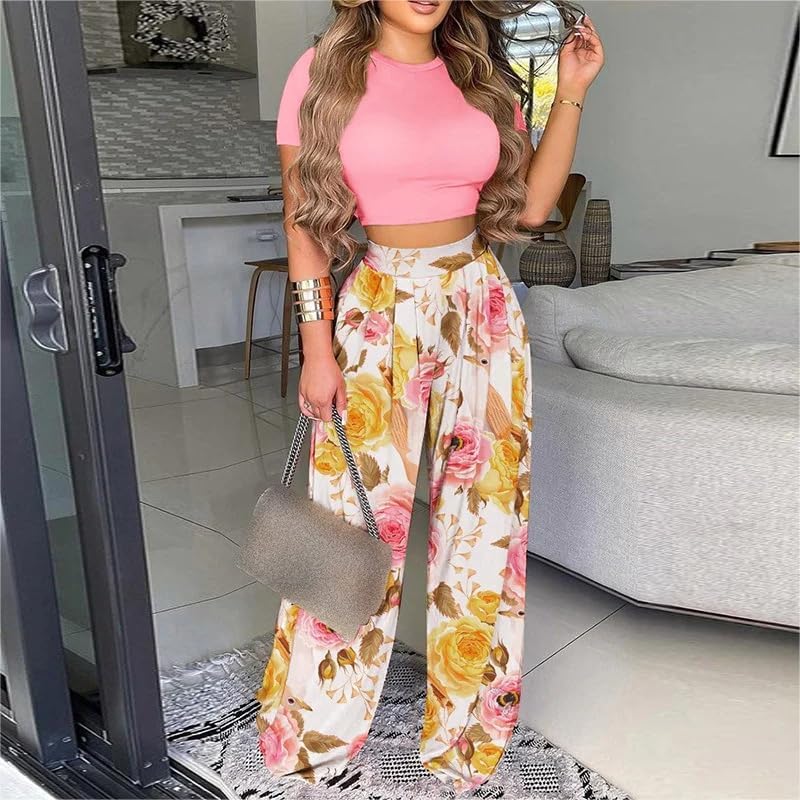 2 Piece Outfits for Women Comfy Wide Leg Pants Sets Short Sleeve Front Crop Tops Jumpsuits White - Image 2