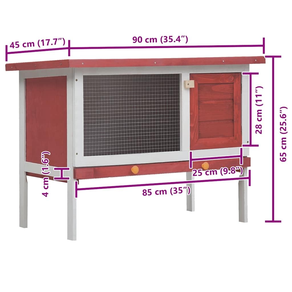 Kaninchenstall aus lackiertem Kiefernholz mit 1 Ebene, 90x45x65 cm, rotes Holz, pulverbeschichtetes Drahtgitter, wetterfestes Dach, ideal als Kleintierkäfig für Hasen und Meerschweinchen im