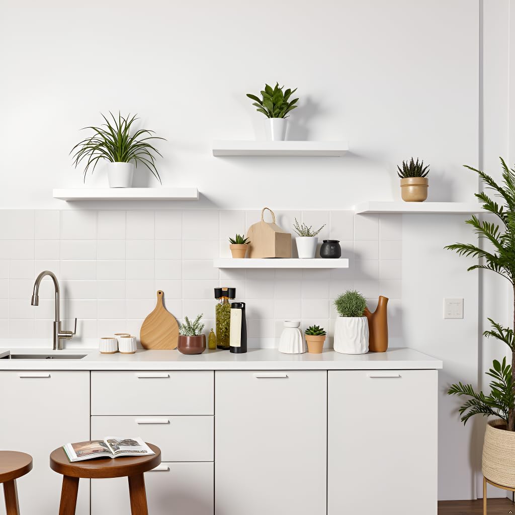 LA GRANGE RANGE® 23.6" Floating Shelves For Wall, 2x Pack Wall Shelves for Storage & Décor, Perfect for Bathroom, Bedroom, Kitchen, Living Room, Natural Wood Finish with Hidden Bracket (Glacial White)