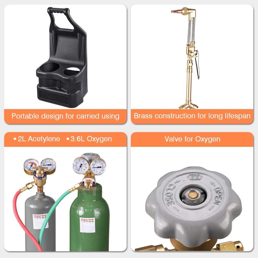 Yescom DOT Oxy Acetylene Torch Kit Portable Gas Tank Gauge Brass Nozzle Long Pipe Welding Goggles Heavy Duty Brazing Cutting Oxygen Welder Tool Set
