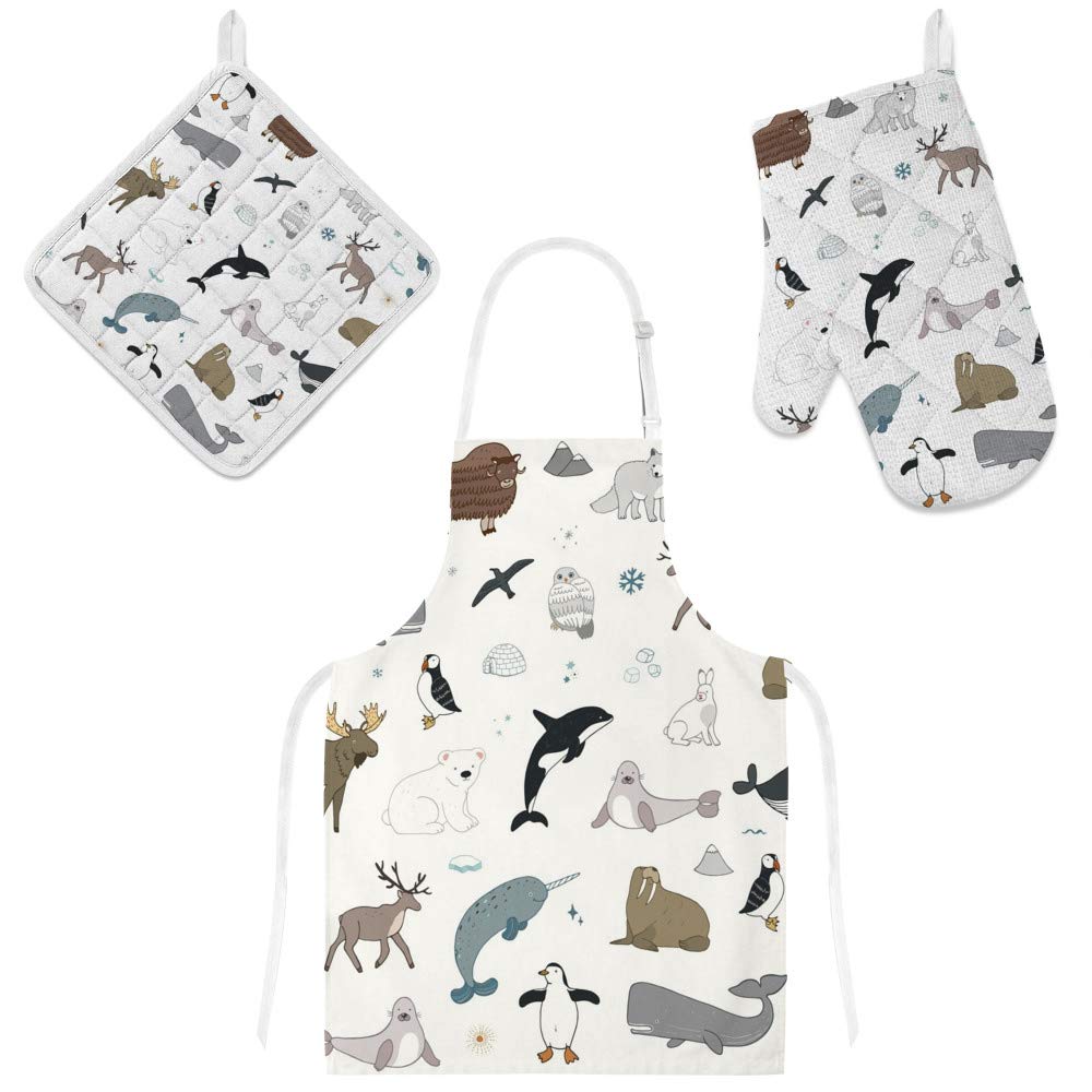 Orediy Antarctic Polar Animals Kitchen Baking Apron Oven Glove and Pot Holder 3 Piece Set Heat Resistant Cooking Insulated Pad