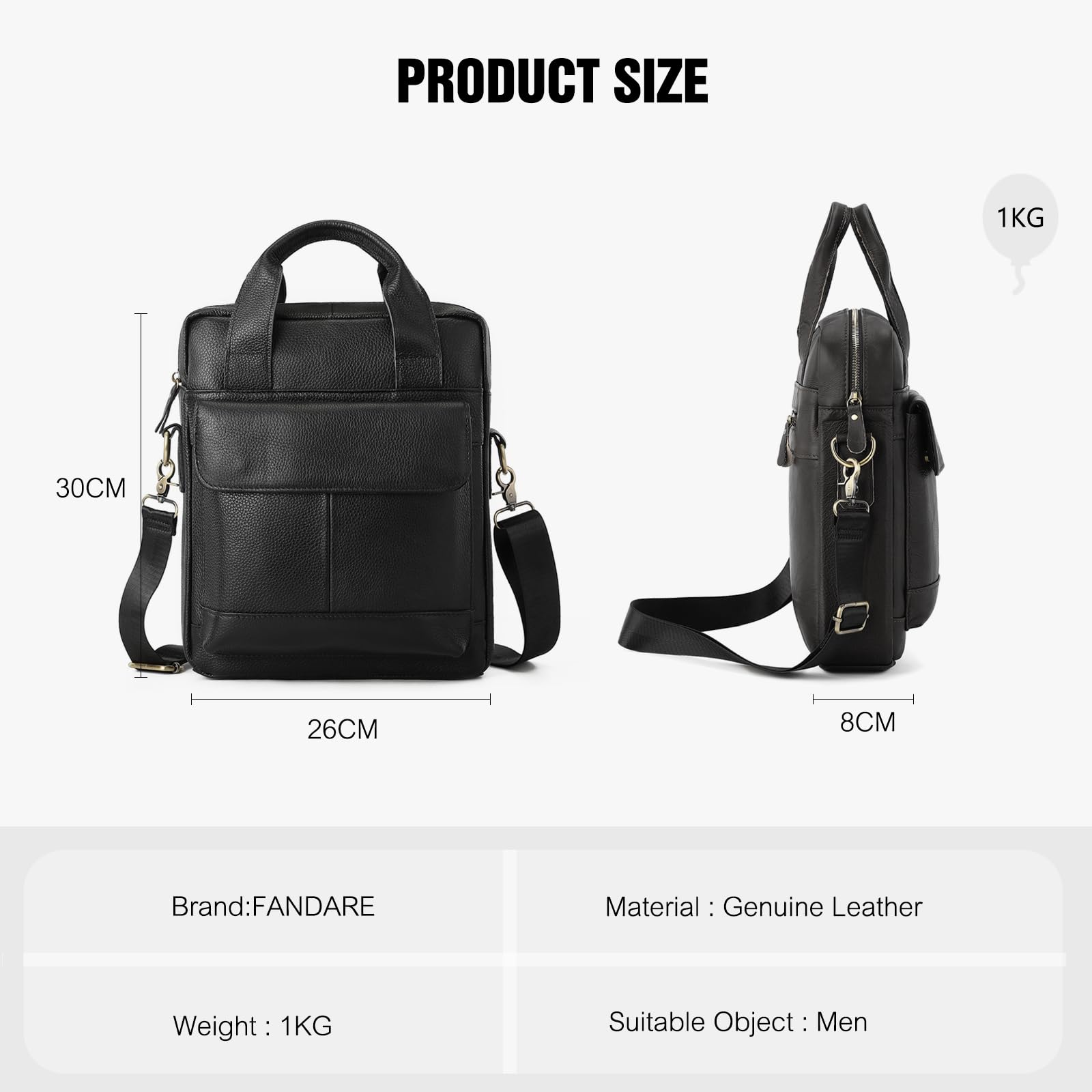 FANDARE Skórzana męska torba crossbody biznesowa torba listonoszka na ramię mała teczka torby boczne wiele kieszeni tornister torby na niezbędne rzeczy do pracy, podróży, codzienne dojazdy do pracy