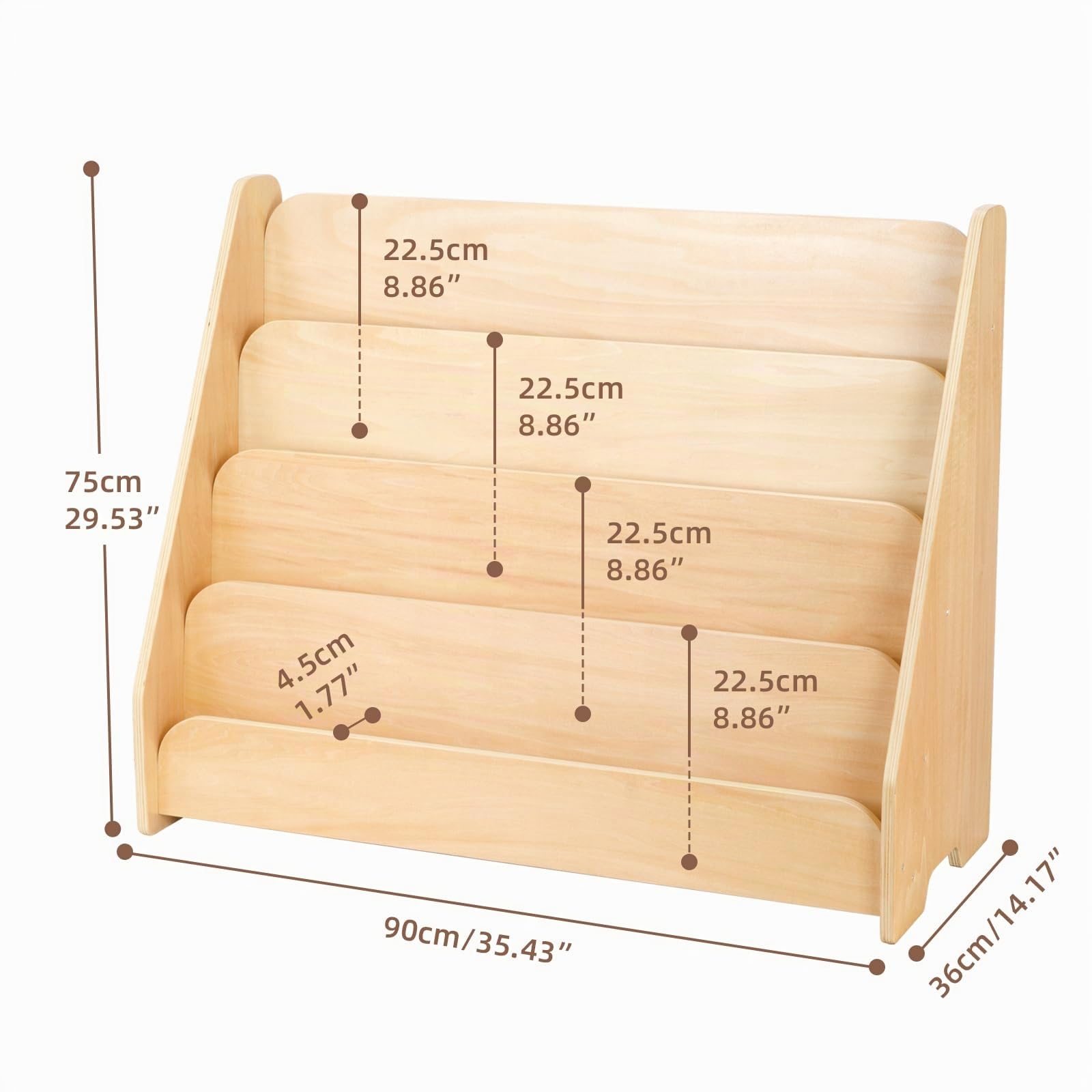 OOOK Étagère à livres pour Enfants, Présentoir Frontal en Bois à 4 Niveaux, Bibliotheque Enfant, Meuble Rangement Livre Enfant adapté à la salle de classe et à la salle de jeux