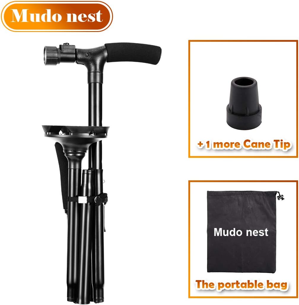 Mudo nest Folding Cane Foldable Walking Cane with LED Light Walking Stick for Men Women, 360° Pivoting Base + 1 Single Cane Tips Sturdy & Safety T Handle Fold-up Collapsible Carrying Bag Adjustable