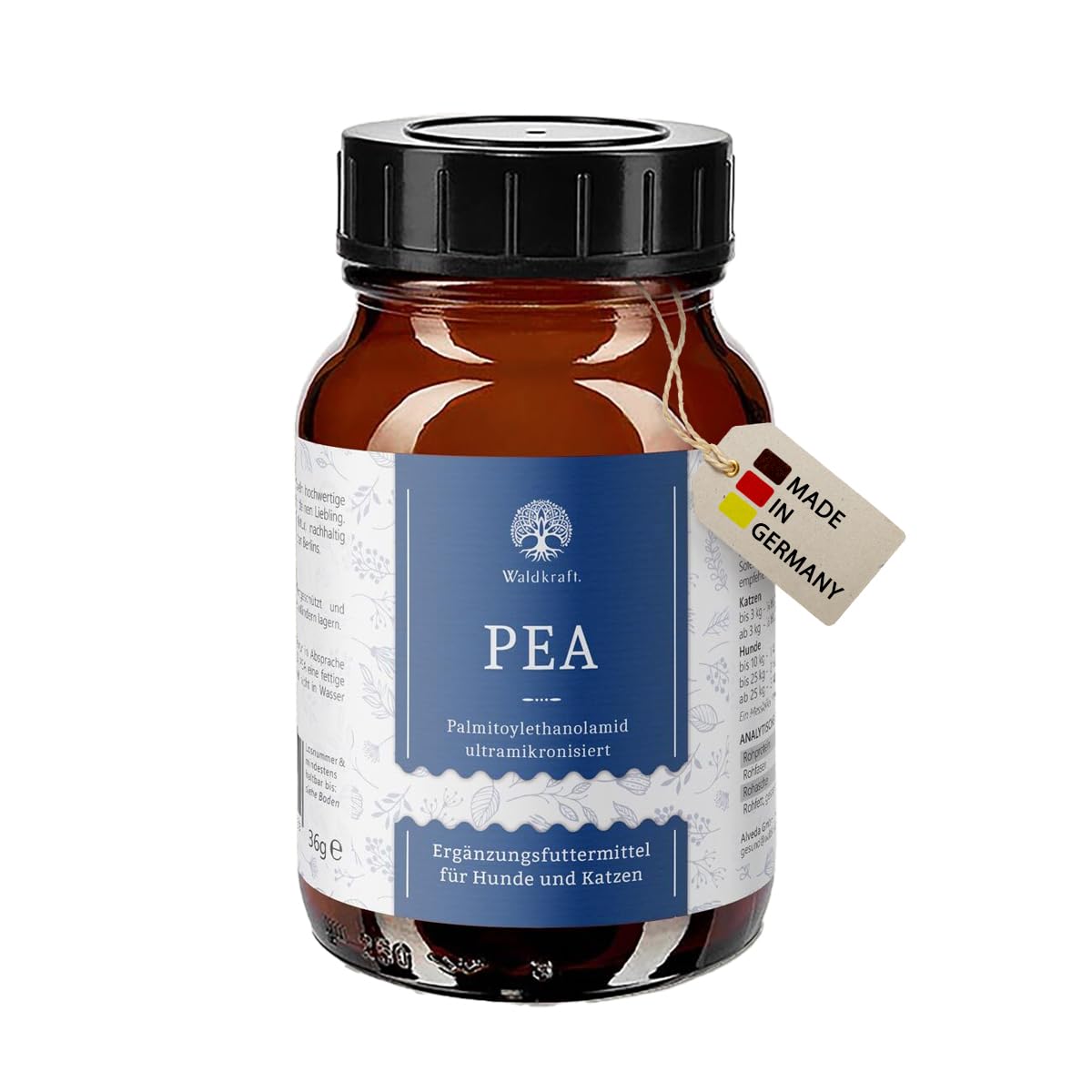 Waldkraft PEA Pulver für Hunde & Katzen – 36g Palmitoylethanolamid mit 98% Reinheit – Ultramikronisiert für hohe Bioverfügbarkeit – laborgeprüft & ohne Zusatzstoffe – vegan, glutenfrei & laktosefrei