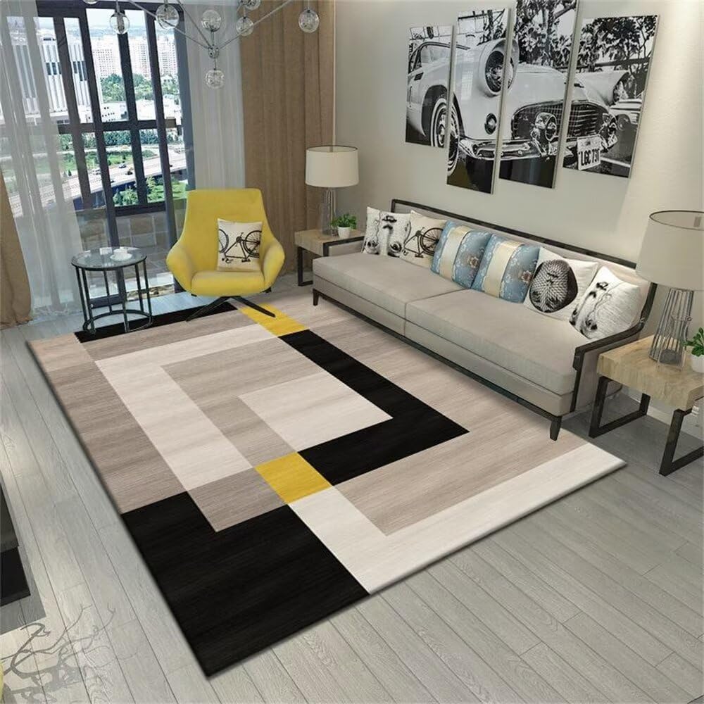 Tapis Barbecue Sol Decoration Chambre Fille Le Tapis de Chambre à Coucher de Salon de Conception géométrique rectangulaire Noir Gris Jaune Peut être personnalisé Tapis Entree 80X200CM