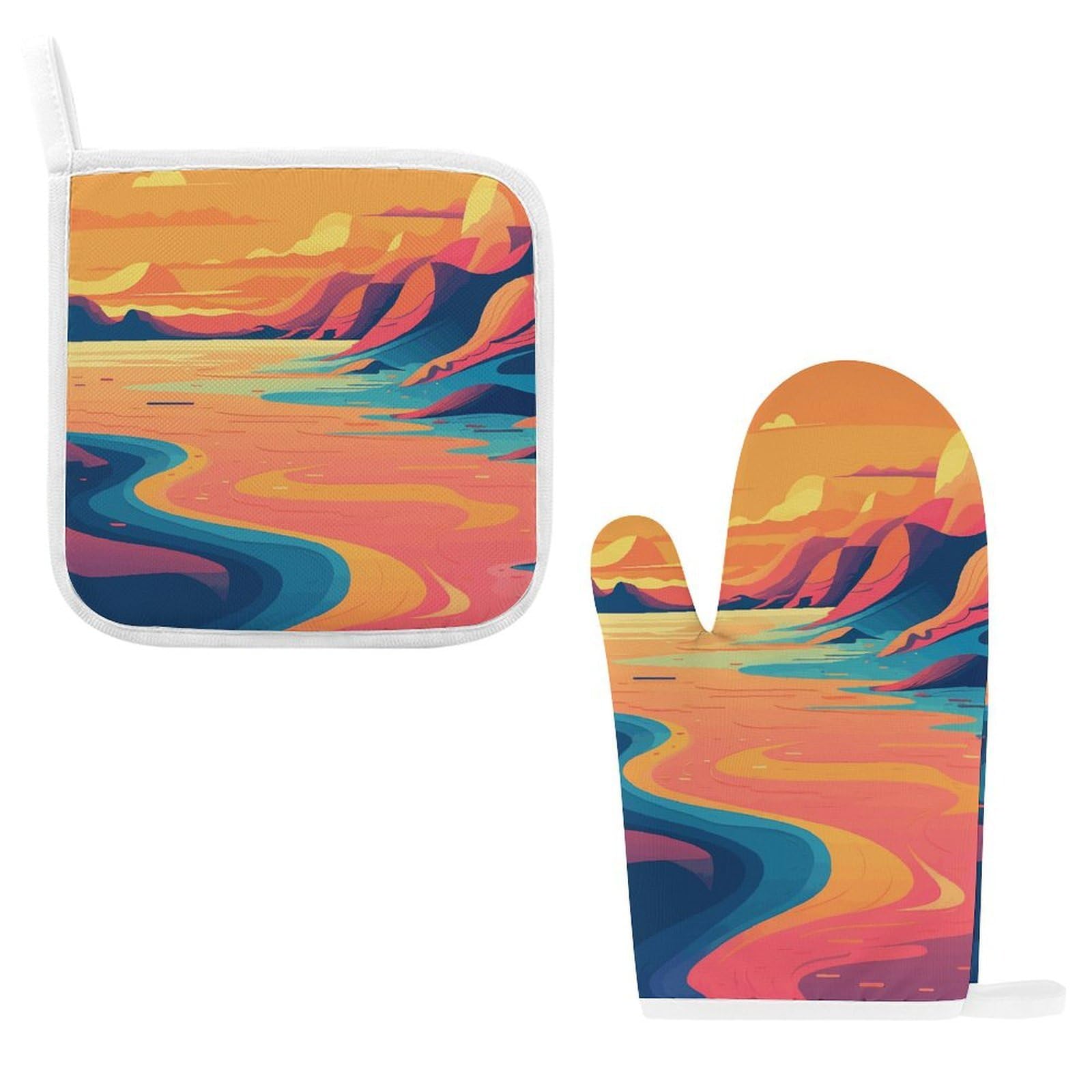 Btcowzrv Style Hand Drawn Painting Oven Mitts And Pot Holders 2Pcs Set