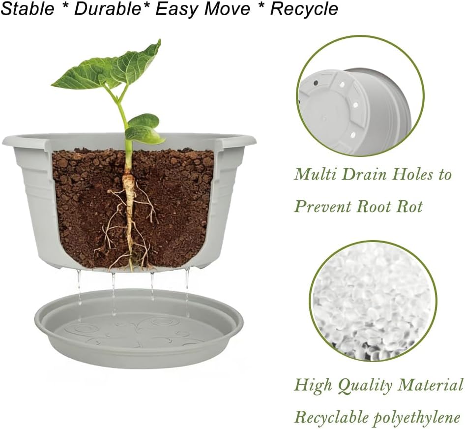 MRPAPA 6Pack Round Plastic Pots for Plants, Outdoor Planters with Drainage Hole & Tray Saucer, Decoration Large Flower Pots for Indoor Outdoor Garden Home Plants (6, Gray White, 10 Inch)