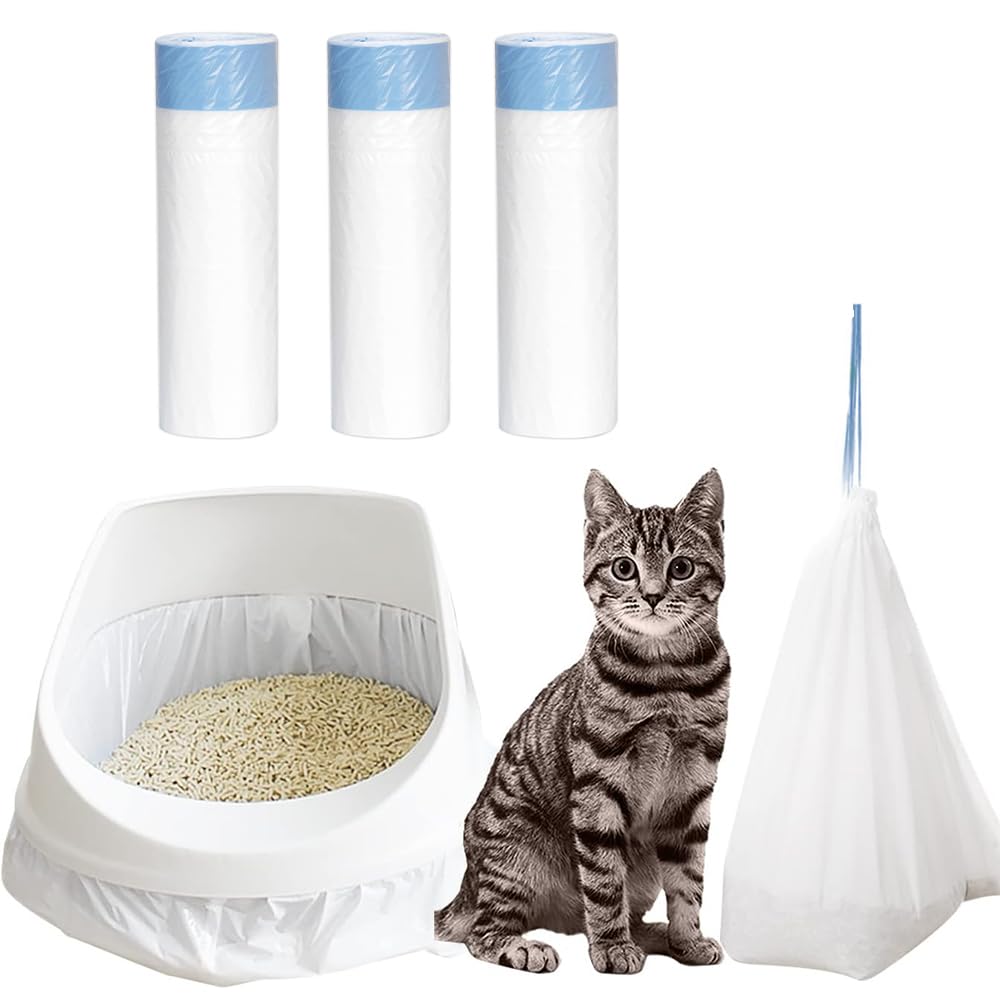 TOMVAES Cat Litter Box Liners, 3 Roll Cat Litter Box Liners Disposable Bags with Drawstring, Cat Litter Liners for Pet Cat Litter Box Tray, Super Thick (90×45cm, 1 Roll 10 Count)