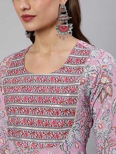 Image of Women Cotton Printed Round Neck 3 /4 Sleeve Flared Kurta