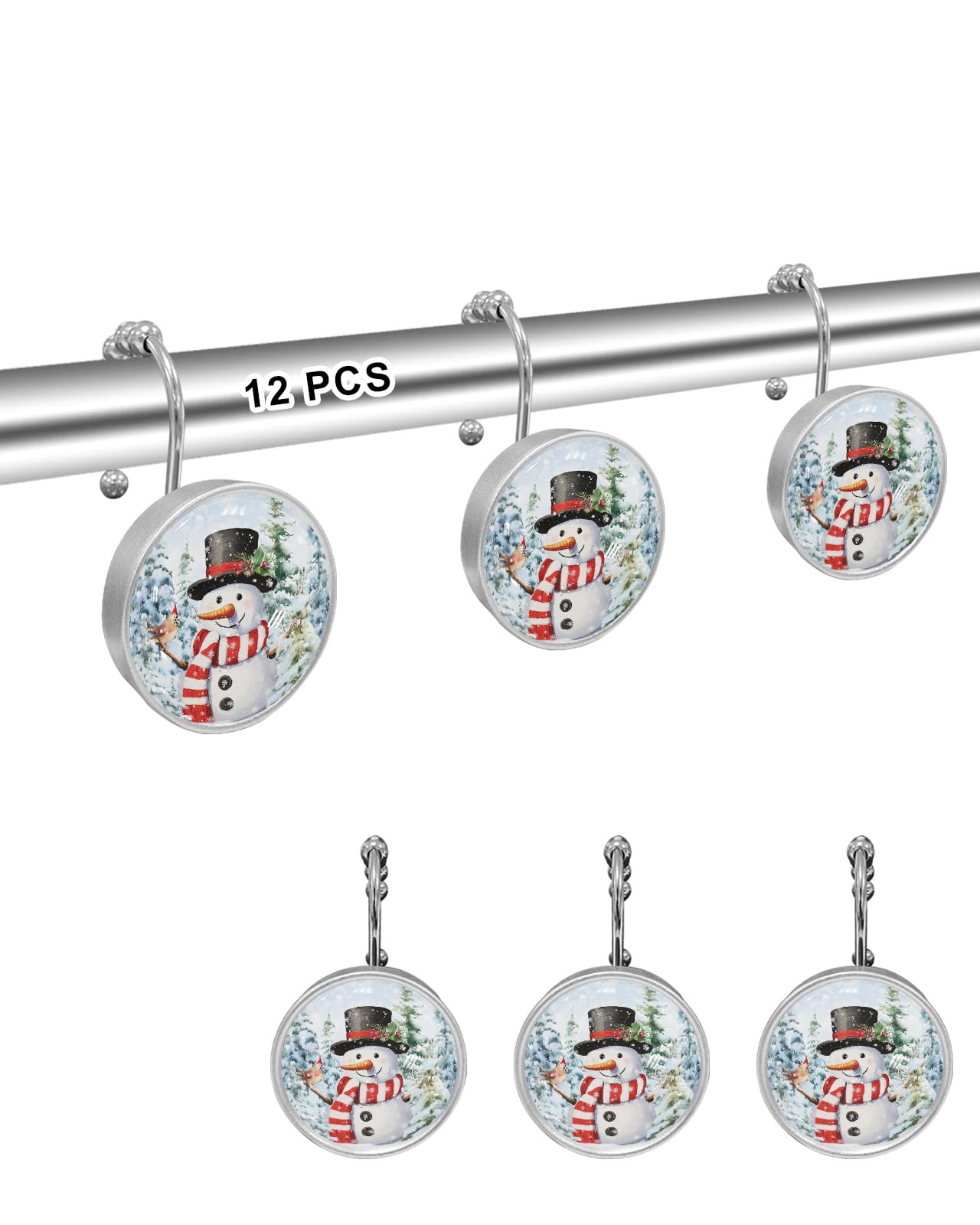 12 Pcs Christmas Snowman Bird Shower Curtain Hooks - Rust-Resistant Stainless Steel, Decorative Bathroom Rings For Standard Rods - View #4