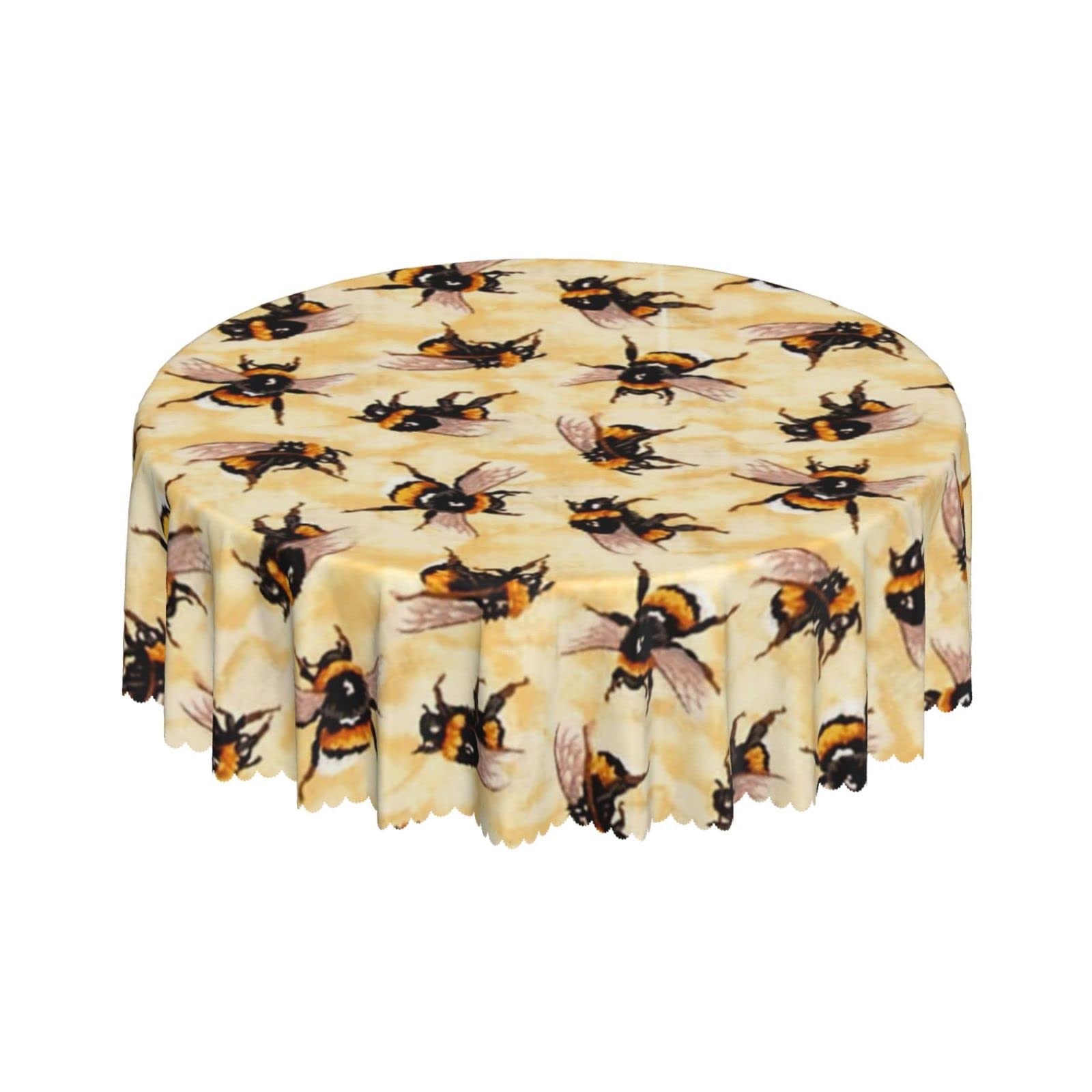 Lsjuee Bees Yellow Round Tablecloth 60 Inch Printed Washable Tablecloth for Dining Party Holiday Fall Home Decorative