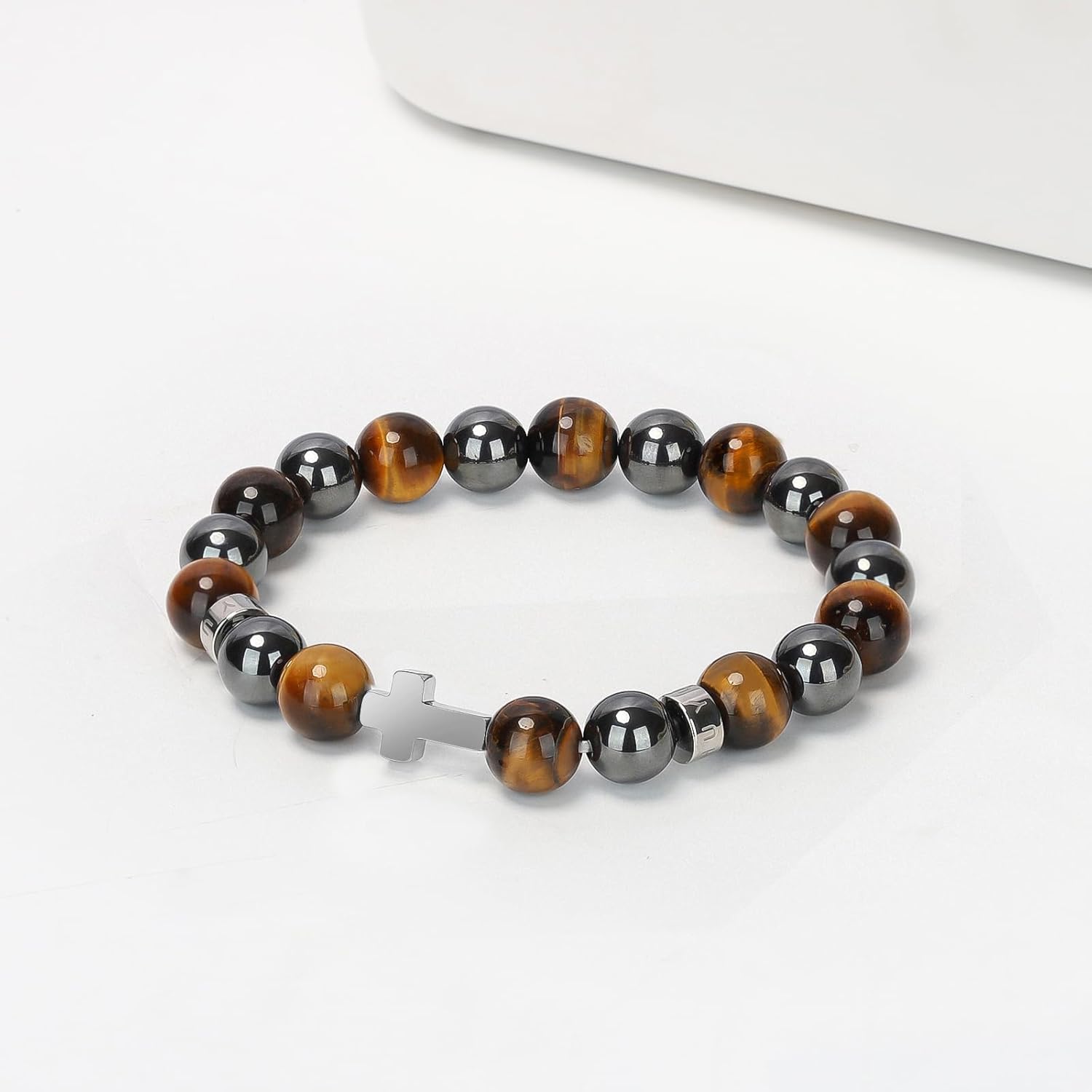 Men's Cross Bracelet, Adjustable Elastic Christian Bead Bracelet, 10mm Natural Stone, Gift for Anniversary, Christmas, Thanksgiving, Howlite/Map Stone/Blue Vein/Snowflake Obsidian/Black Agate/Tiger eye/Hematite - Image 5