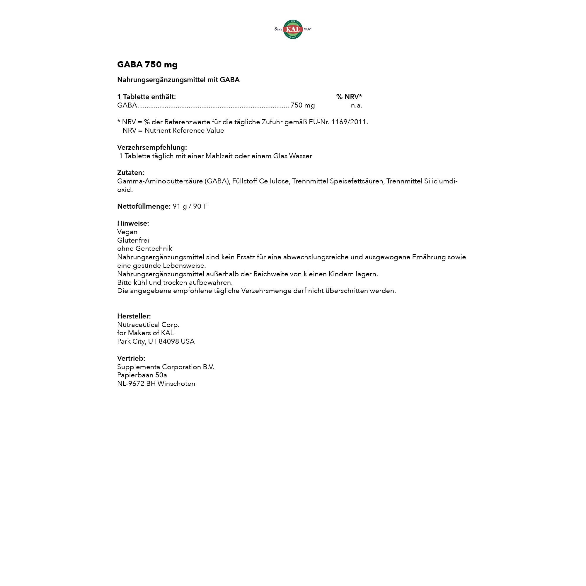 KAL GABA 750 mg - 90 Tabletten - Nahrungsergänzungsmittel Tabletten GABA Kapseln