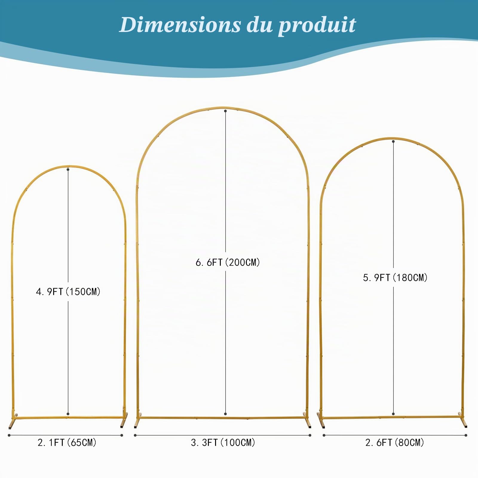 Lot de 3 supports d'arche de fond en métal doré pour cérémonie de mariage, décoration de fête d'anniversaire - 2 / 1,5 m / 1,5 m