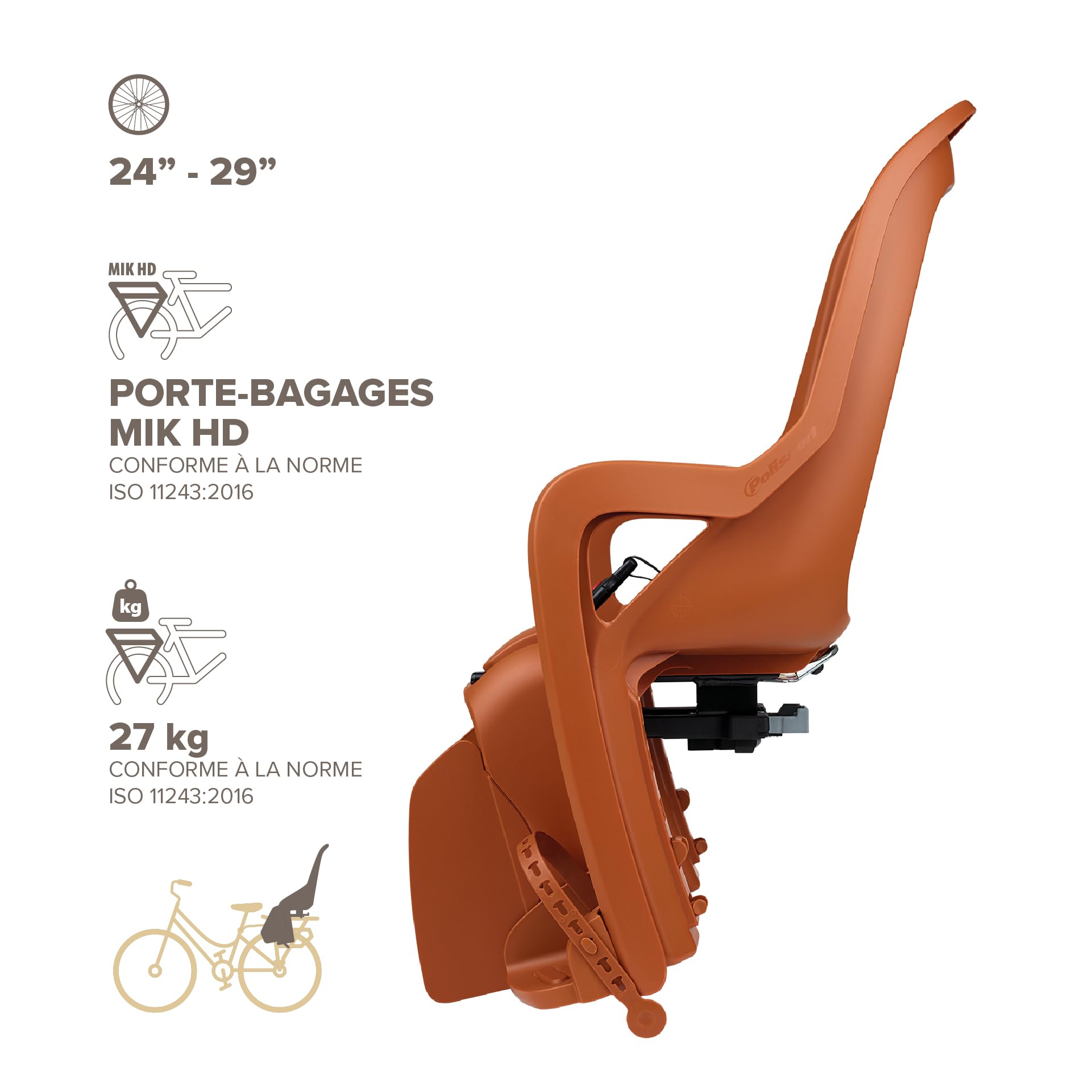 Siège Enfant vélo arrière Polisport Groovy MIK-HD pour Porte-Bagages MIK-HD, Installation Rapide et sûre, Design modernisé, Confort Optimal, Jusqu’à 22 kg et 110 cm, Couleur Marron Caramel