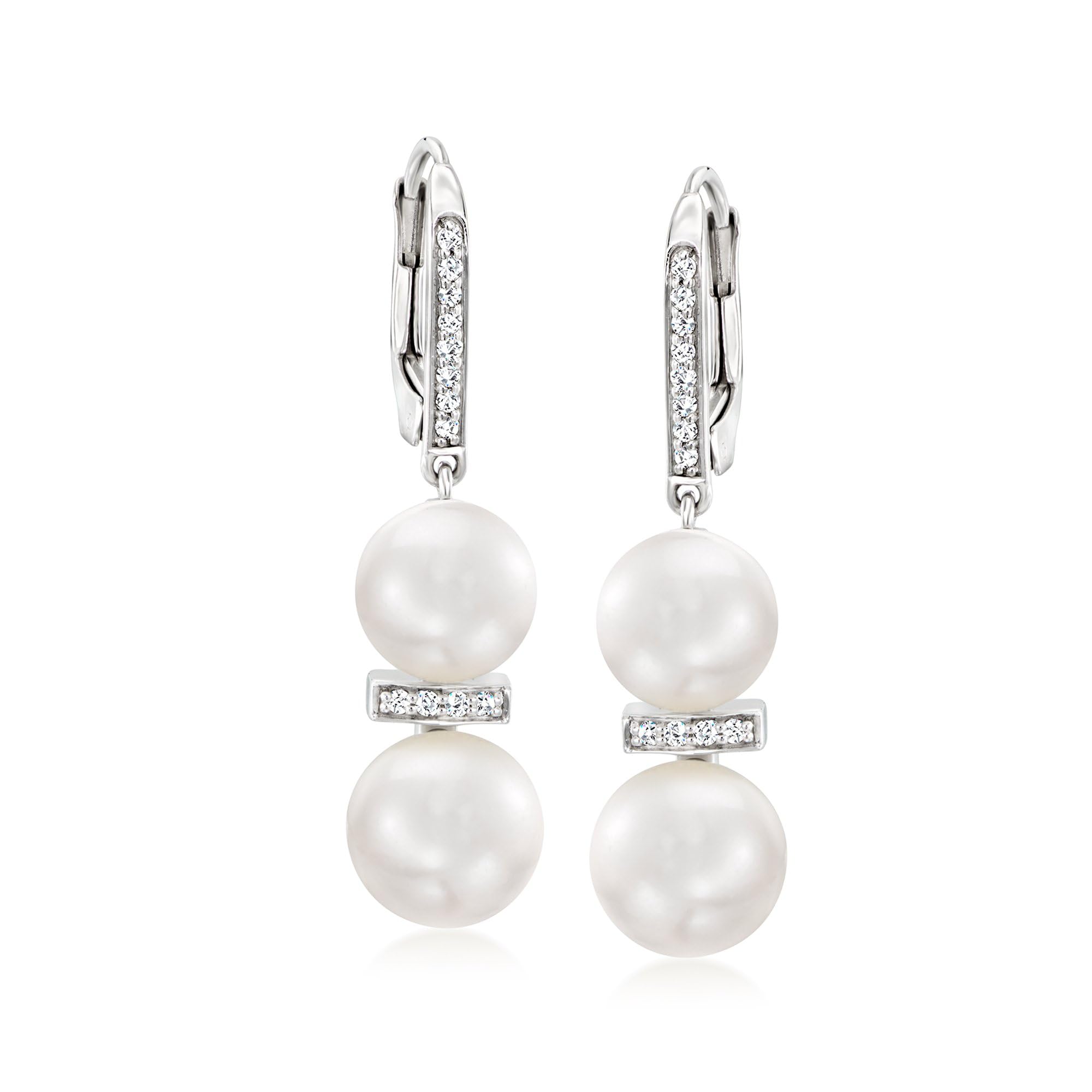 Ross-Simons 7 5-9mm Cultured Pearl and 15 ct t w Diamond Drop Earrings in Sterling Silver