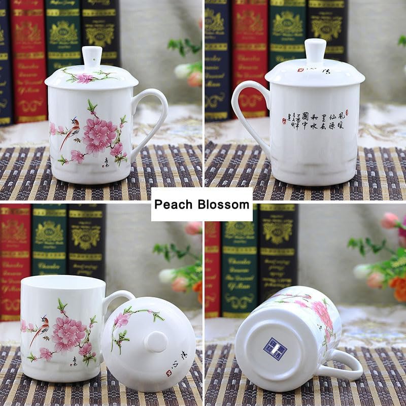 Seres Porcelain Tea Cup/Coffee Mug with Handy Lid,Chinaware Cup with Inner Strainer,Convenient Mug for Home/Office,5+ Optional Elegant Patterns (Peach Blossom) - Image 2