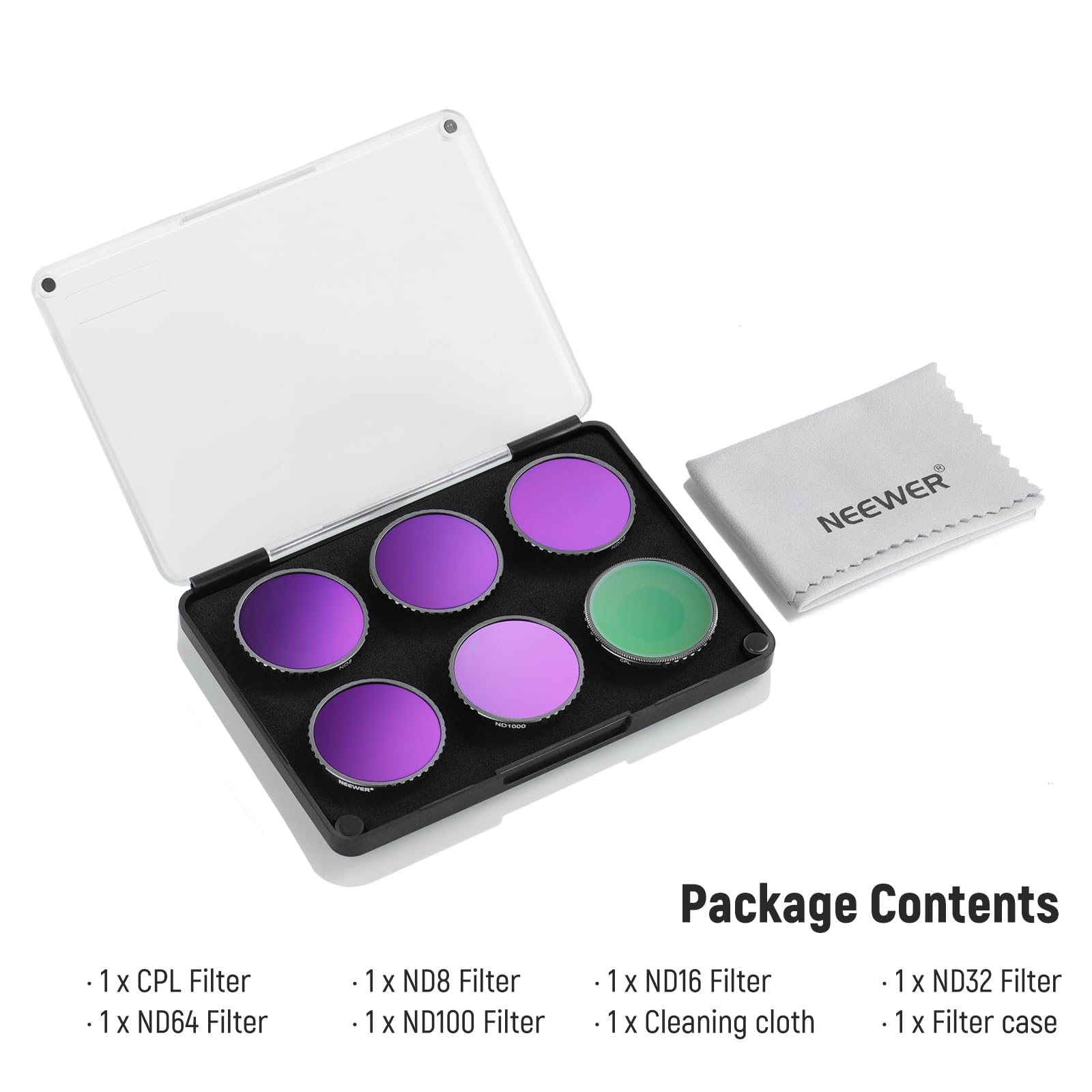 Neewer Zestaw filtrów CPL i ND do Action 5 Pro (6 sztuk), CPL+ND8+ND16+ND32+ND64+ND1000, akcesoria do kamer sportowych, wielowarstwowe szkło optyczne HD, kompatybilne z DJI Osmo Action 5 Pro/4, FL-A13