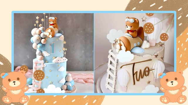 Décoration Gâteau Avion Et Ours Bleu - Pour 1er Anniversaire, Thème 'time Flies', Nuages Et étoiles