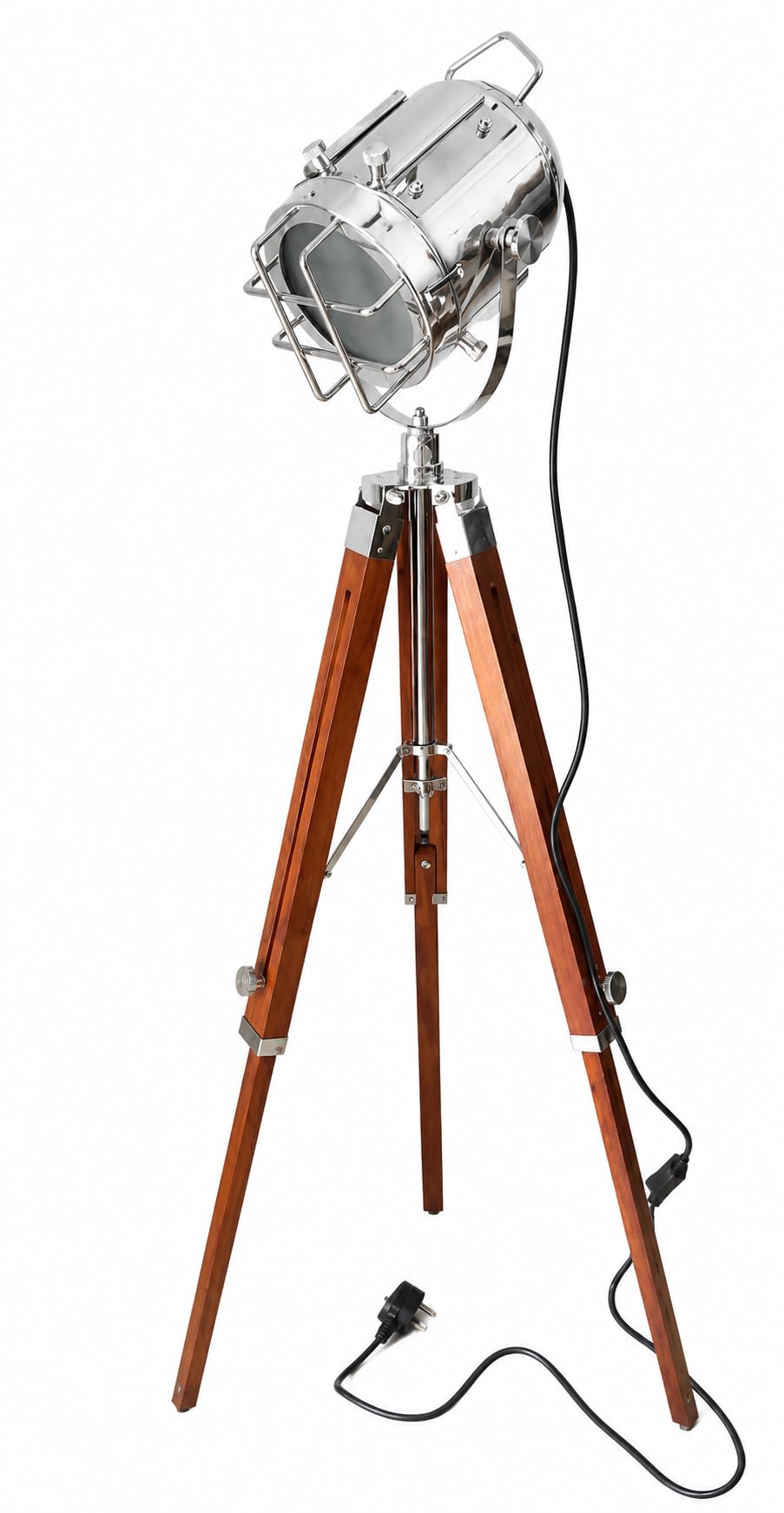 Handmade Nautical Chrome Spot Light Floor Lamp with Wooden Tripod Marine Studio Searchlight Home Decorative Lamp