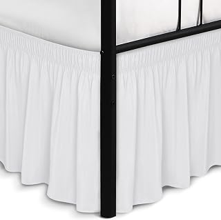 Biscaynebay Queen Bed Skirt 15" Drop White Wrap Around Split Corners Adjustable Elastic Easy Fit Dust Ruffle