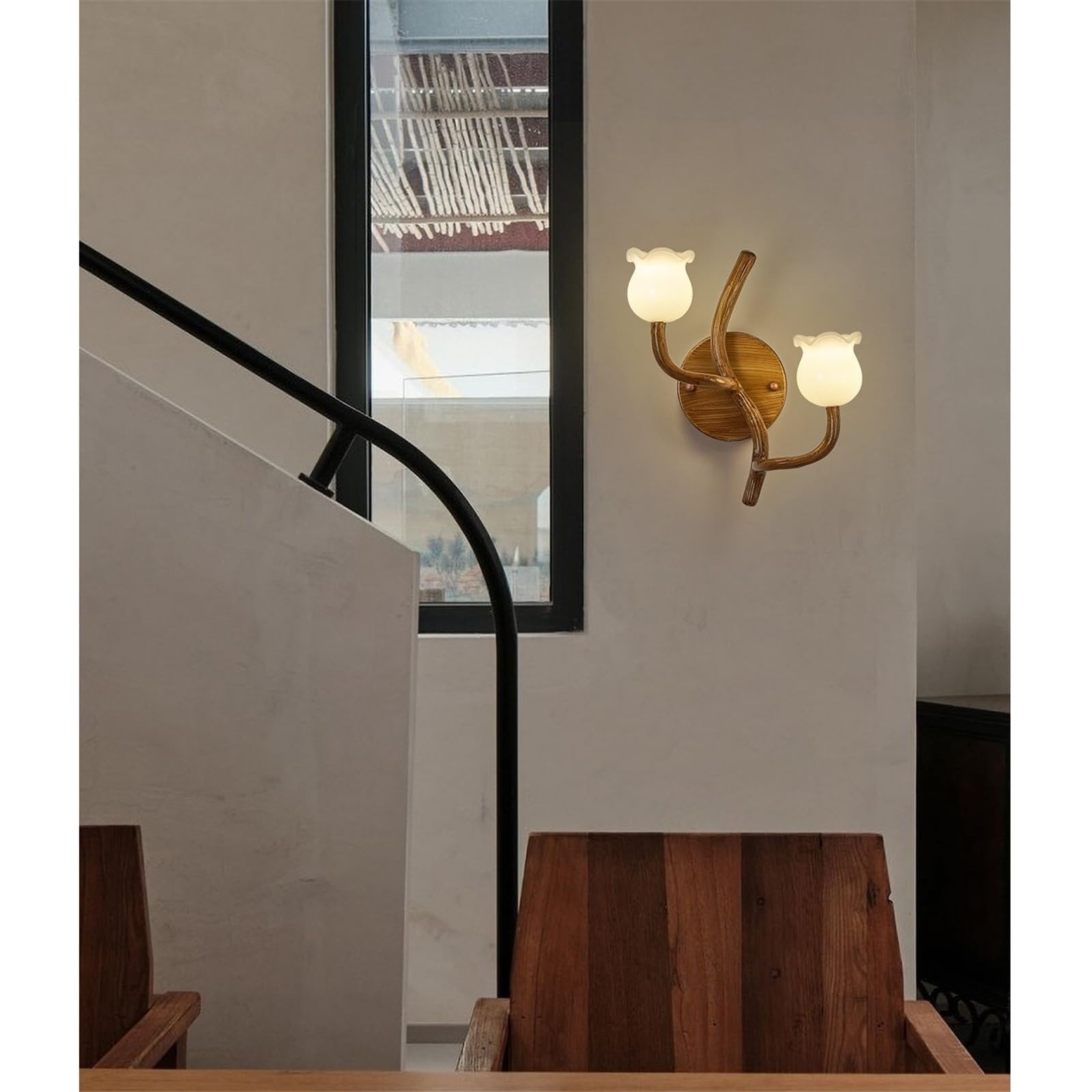 Rustic Twig Shape Double Flower Wall Sconce Resin Iron Lamp Applique