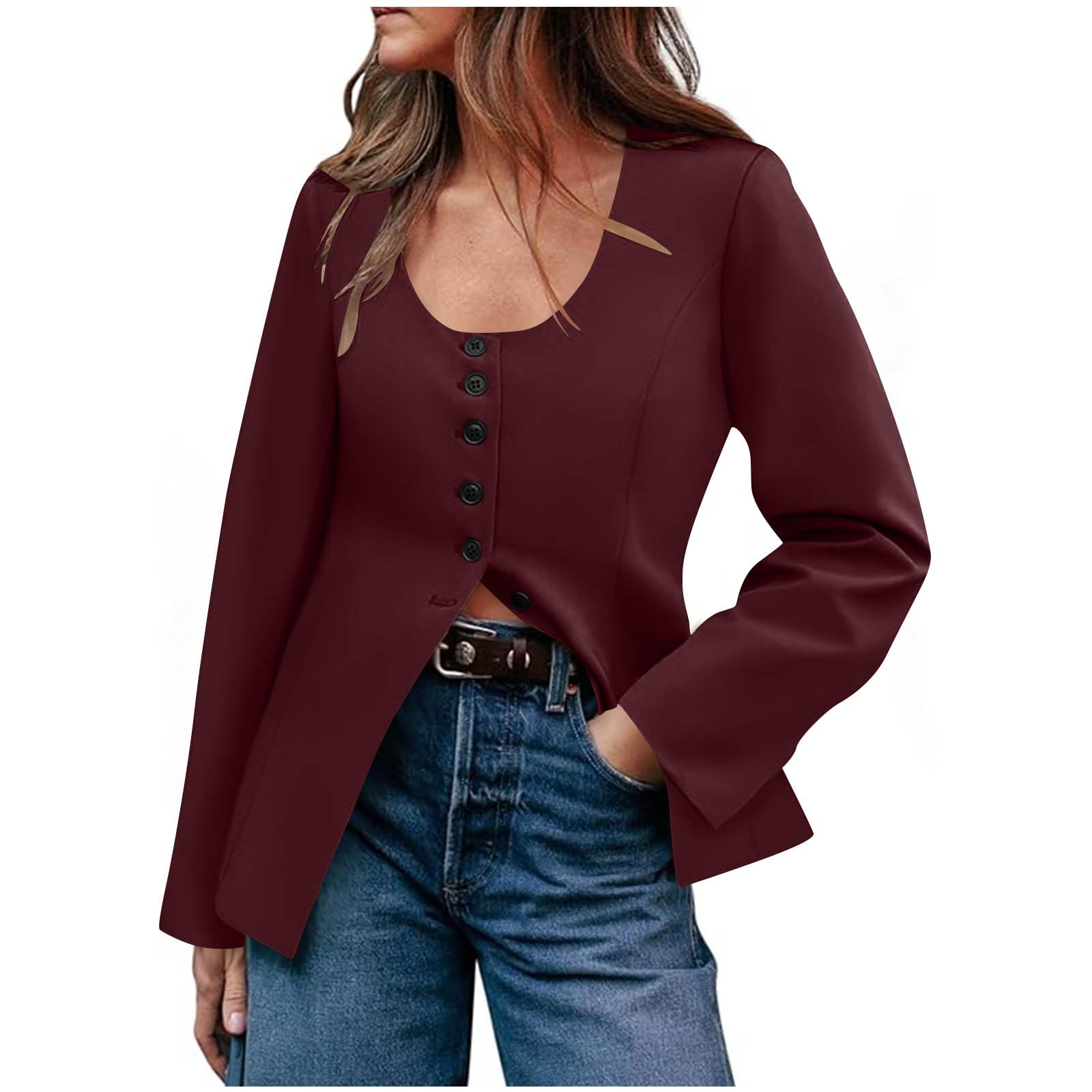 Womens Business Work Casual Blazers Scoop Neck Long Sleeve Button Down Dressy Office Outfits Slim Fit Suit Jackets