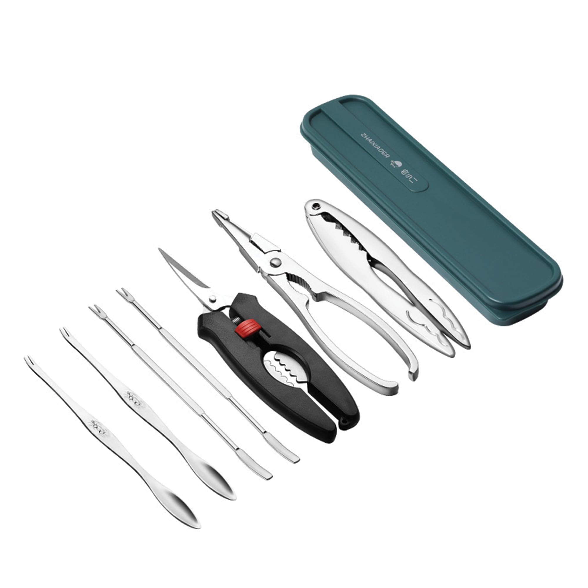 7 Piece Seafood Preparation Tool Set | Stainless Steel 1 Crab Cracker, 2 Crab Leg Forks/Picks, 1 Seafood Scissors & 1 Seafood Pliers | Crab & Lobster Cutlery Set | Pliers, Forks, Cracker, Cutter
