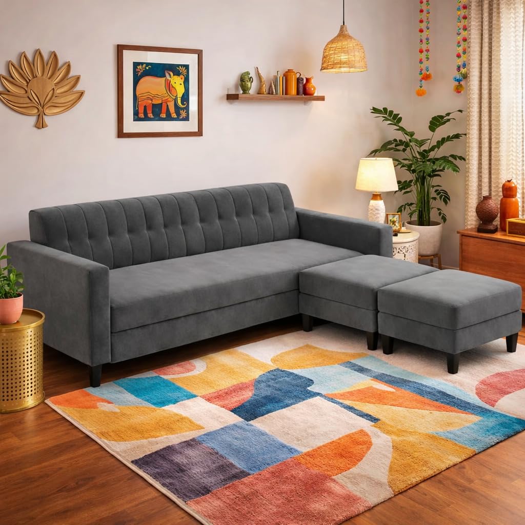 Annabelle Revora Luxe Velvet-Suede Fabric 4 + 2 Sofa Set with Ottomans | Comfortable & Spacious Seating | Modern Sofa Set for Living Room – Dark Grey-image-35