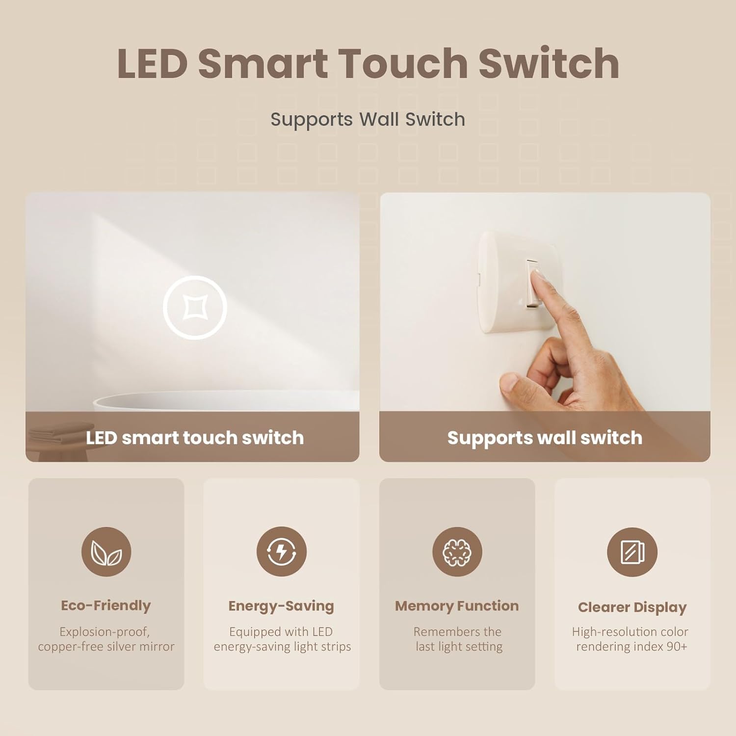 Diagram showing the LED smart touch switch and a traditional wall switch.