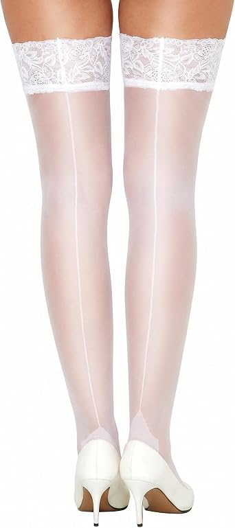 Women's Thigh High Stockings - 30D Antiskid Silicone Sexy Lace Stockings with Backseam Perfect for Daily & Party White