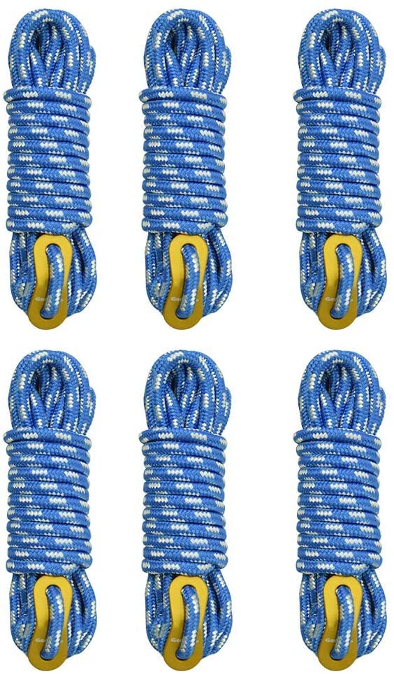KASTWAVE Tent Rope, Camping Guylines 5mm Ultralight Tent Cord Rope with Aluminum Tensioner Set of 6 Pack