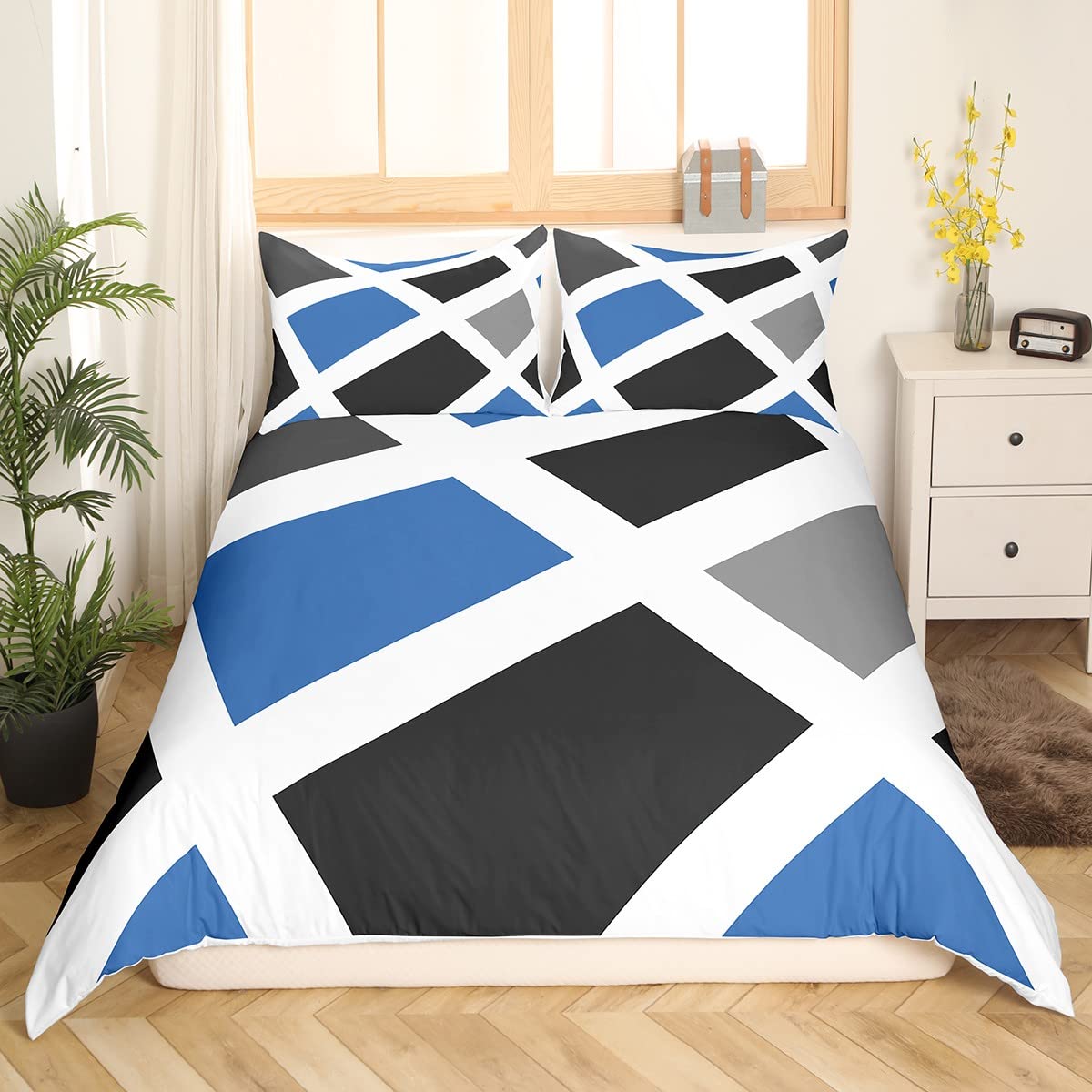 Loussiesd Set de ropa de cama geométrica abstracta para niños, funda de edredón moderna con rayas para niños, mujeres y hombres, decoración de triángulo gris y azul, funda de cubrecama, colección de 3