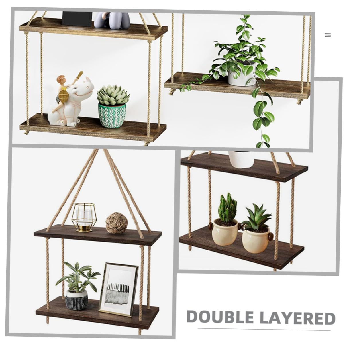 Toyvian Mensole Sospese da Parete Arazzo Boho in Legno Nero Supporto in Corda Naturale, Scaffali Galleggianti Rustici per Piante e Decorazioni, Set per Arredamento Casa