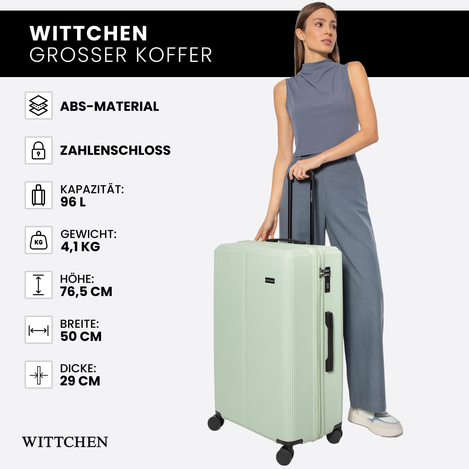 WITTCHEN Stripes Line Großer Koffer 76,5 x 50 x 29 cm XL Hartschalen-Trolley ABS 96 l 4 Rollen 360° Mintgrün