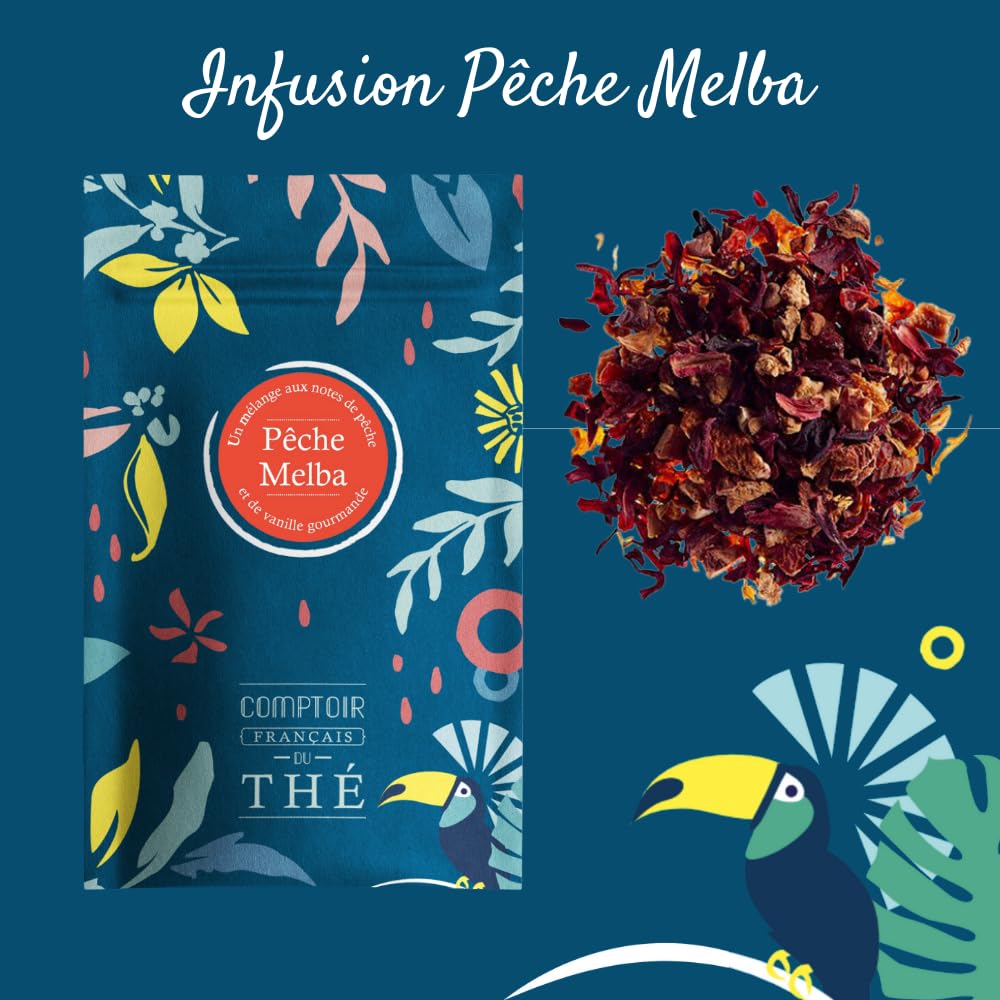 2x100g d'Infusion Pêche Vanille - Pêche Melba COMPTOIR FRANÇAIS DU THÉ | Notes de Pêche et de Vanille - Délicieux chaud ou glacé, parfait en thé glacé maison - coffret thé à offrir - thé de Noël