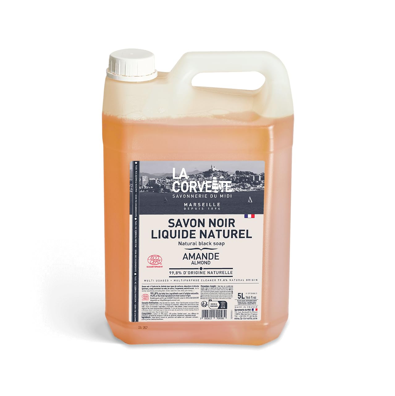 La Corvette - Savon Noir Liquide AMANDE à l'Huile de Lin - Nettoyant Multi-Usages - Dégraissant et Détachant - 5L - ECOCERT Ecodétergent