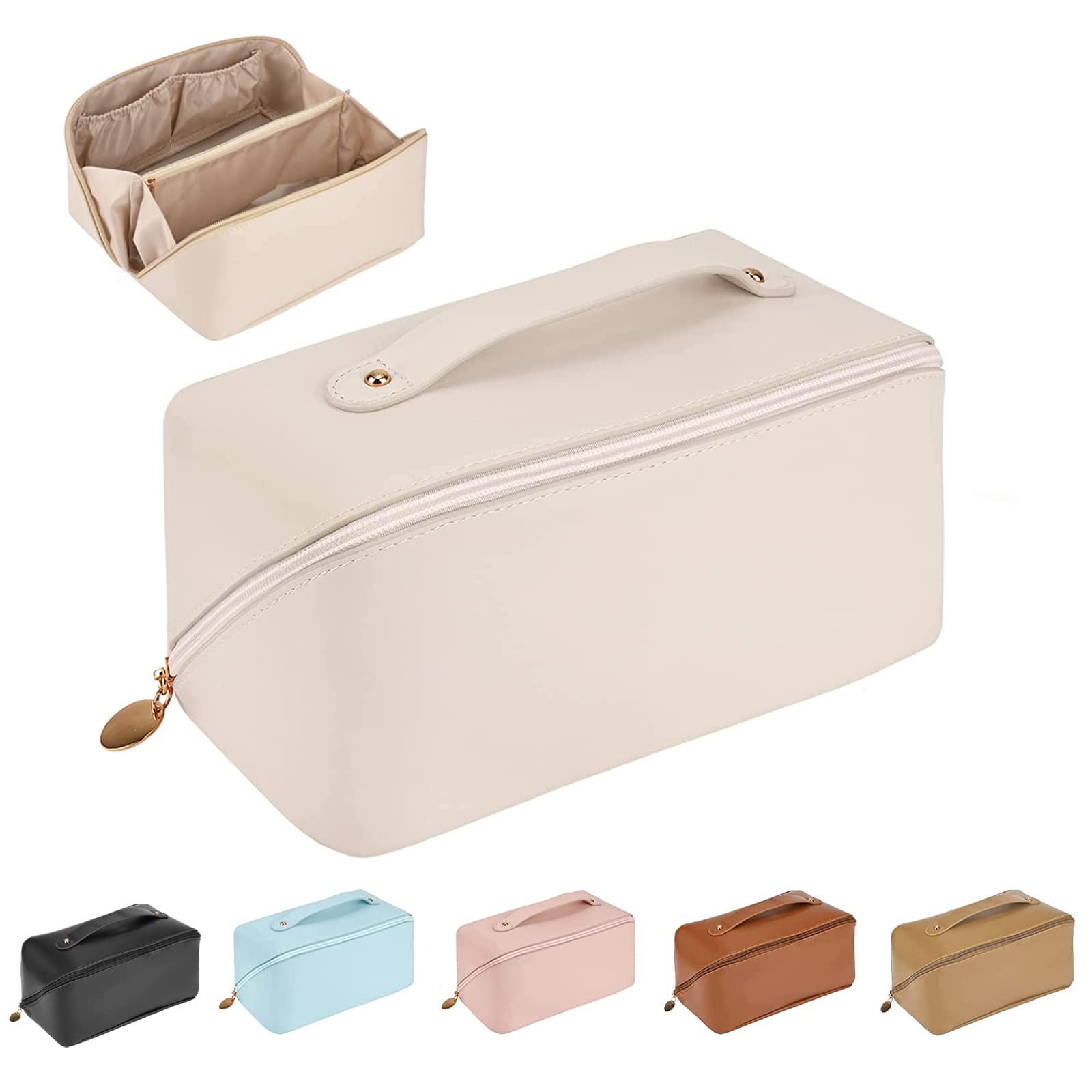 Towwoo Bolsa de Cosméticos Impermeable de Viaje, PU Cuero, Neceser de Baño, Bolsa De Aseo Y Almacenamiento (A2-Blanco)
