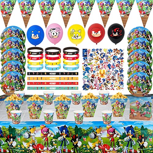 Newtic 120PCS Sonic Geburtstagsdeko, Kinder Geburtstag Party, Partygeschirr Set, Enthält Tassen, Tischdecke, Teller, Servietten, Luftballons, Banner, Armband, Aufkleber, für 10 Kinder Cover