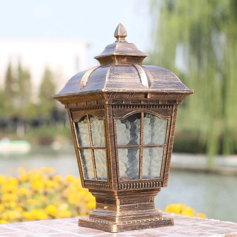 45CM Waterline Glass Outdoor Waterproof Anti-Rust Column Light Classic Aluminium Die-Casting European Pillar Lantern Rural Garden Lawn Villa Courtyard Main Gate Post Landscape Street Lighting Decor