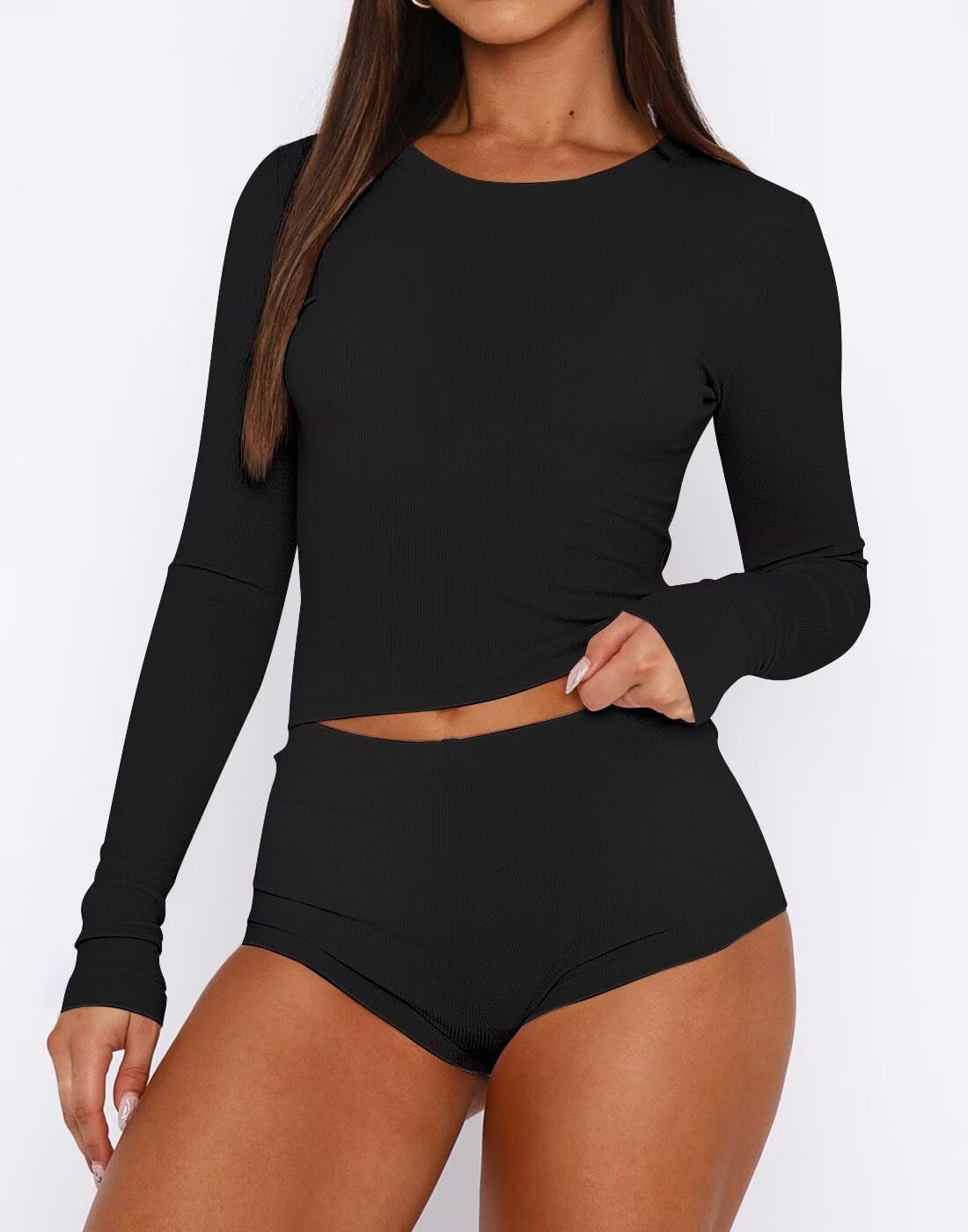 INFITTY Sexy Pajama Set for Women 2 Piece Crew Neck Long Sleeve Pj Soft Top and Shorts Sleepwear Set - Image 5