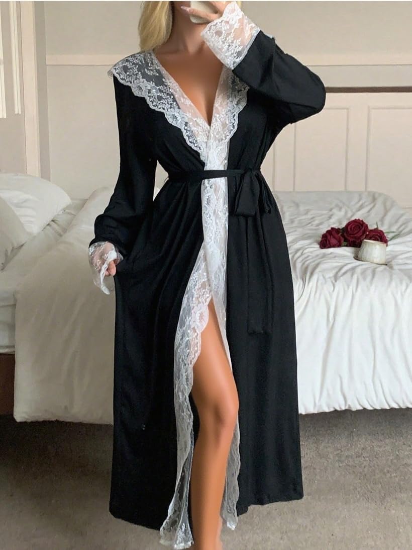 OYOANGLE Women's Hooded Long Robe Elegant Sexy Lace Patchwork Sleepwear Vacation Bride Wedding Robes - Image 4