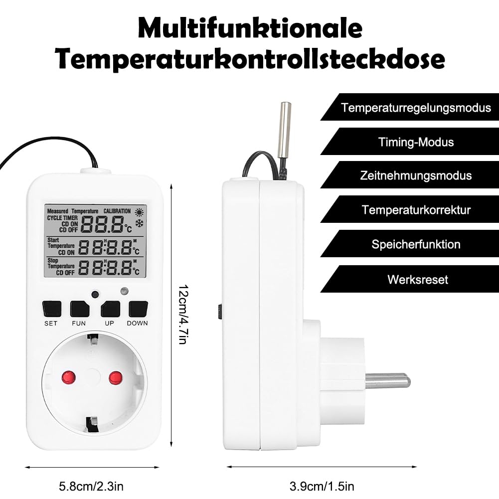 CEWROM Thermostat Steckdose, 16A 230V Heizungsthermostat Digital Temperaturregler mit Fühler, Thermostat Heizung für Gewächshaus Terrarium Heizung Kühlung Temperaturgesteuerte Stecker