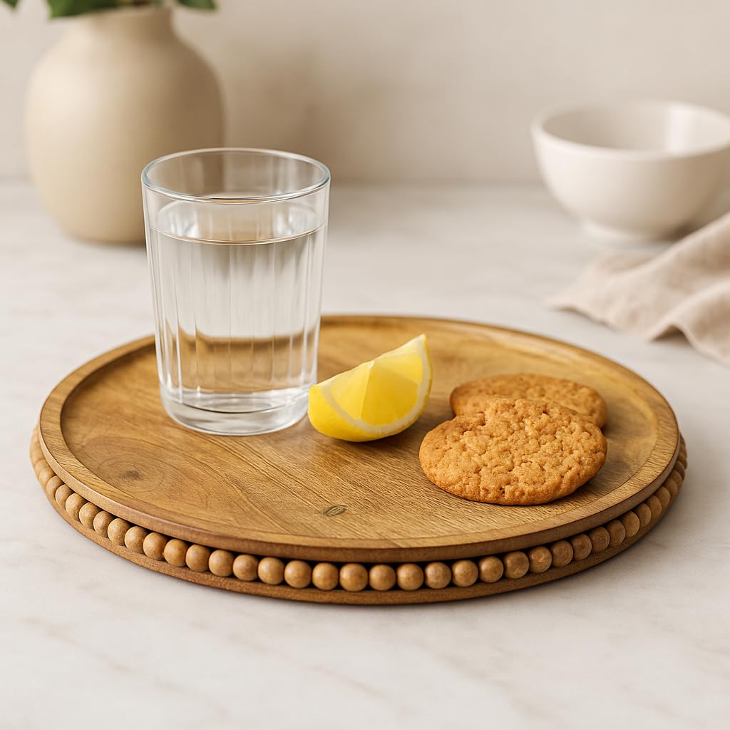 Premium Handcrafted Mango Wood Round Tray – Multipurpose Serving Tray for Breakfast,Kitchen Trays for Dining Table, Unique Wooden Tray for Home Decoration |12x12x1 inches