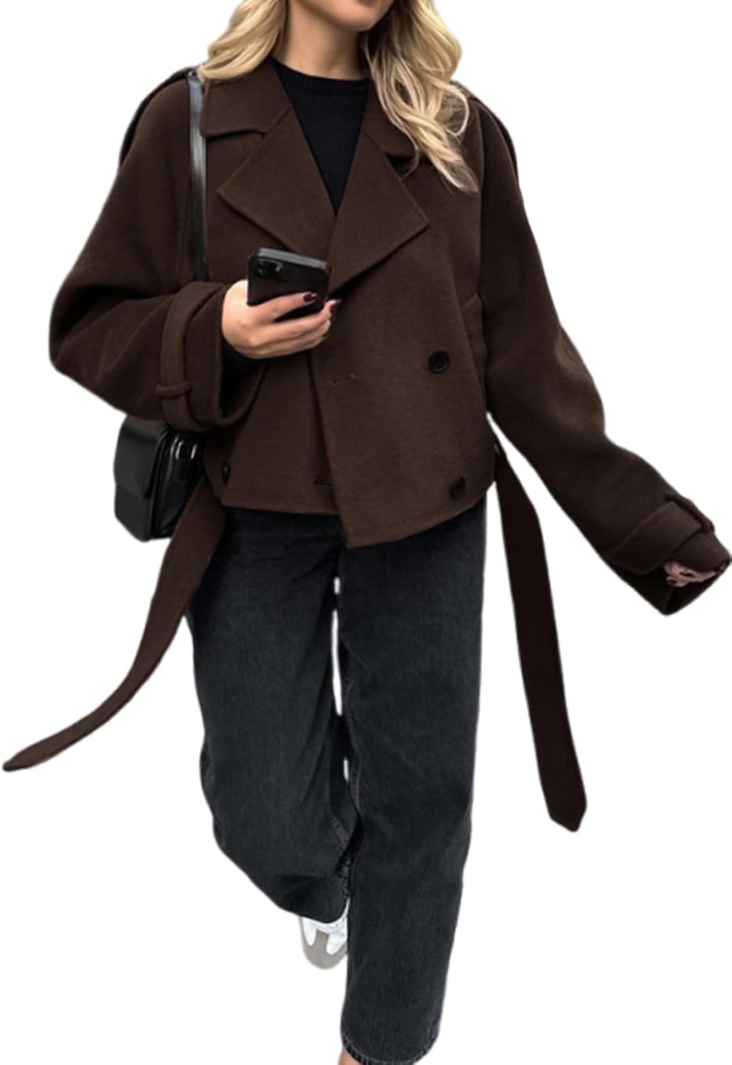 utcoco Womens Cropped Wool Coats Belted Double Breasted Pea Coat Short Jacket Notched Lapel Trench Coat with Pockets