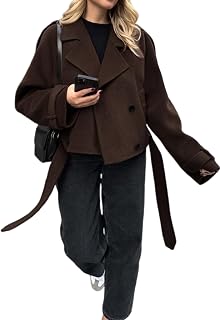 utcoco Women's Cropped Wool Blend Pea Coat - Belted Double Breasted Short Jacket Notched Lapel Trench with Pockets