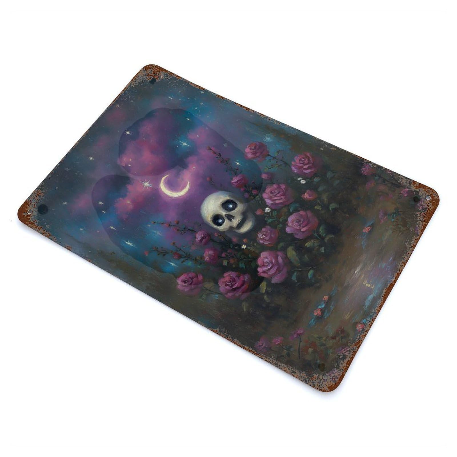 Rust Effect Skull, Roses, And Crescent Moon Painting Aged Metal Wall Plaque 11.8"x7.9", Farmhouse Wall Decor for Office, Studio And Wall Decor