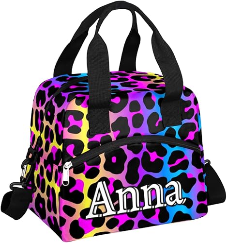 Lonchera personalizada con estampado de leopardo para mujer, linda bolsa de almuerzo aislada personalizada con tu nombre para niñas, bolsa escolar