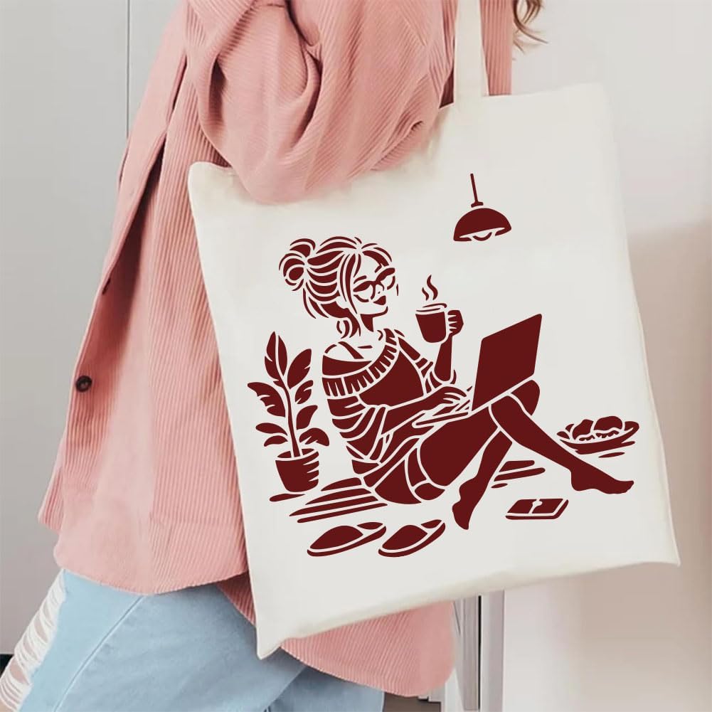 FINGERINSPIRE 4PCS Woman Life Stencils 11.8x11.8inch with a Brush Woman Reading Cooking Painting Stencil Female Playing Games Daily Life Template for Wall Fabric Wood DIY Art Home Decor image 4